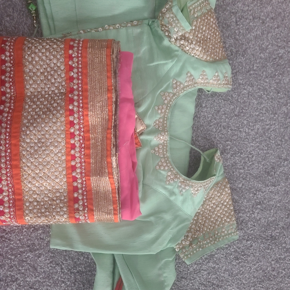 Mint Green Embellished Lehenga with Pink and Orange Accents
